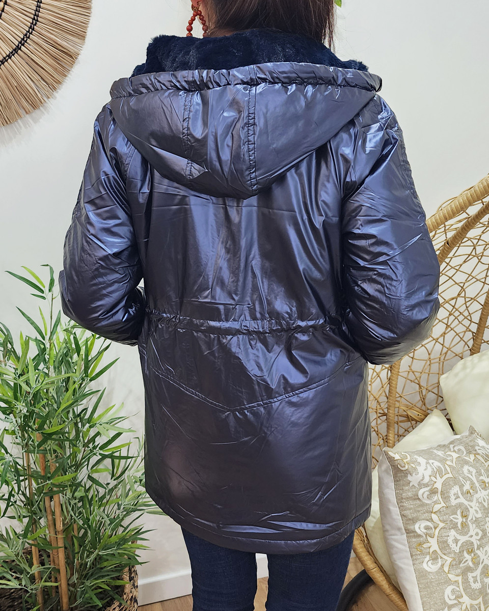 Parka femme bleu métallisé fourrée marine à capuche