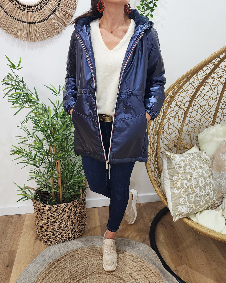 Parka femme bleu métallisé fourrée marine à capuche