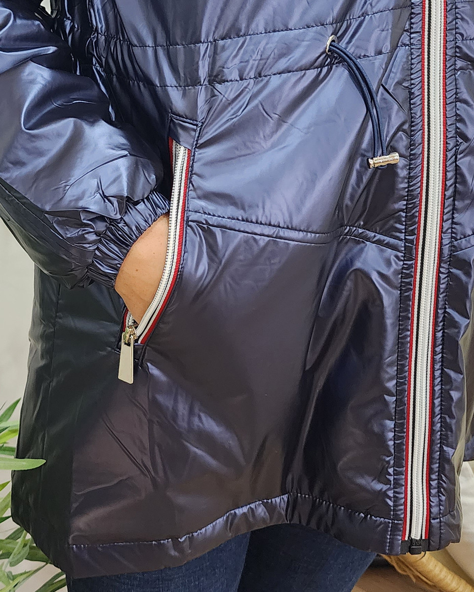 Parka femme bleu métallisé fourrée marine à capuche