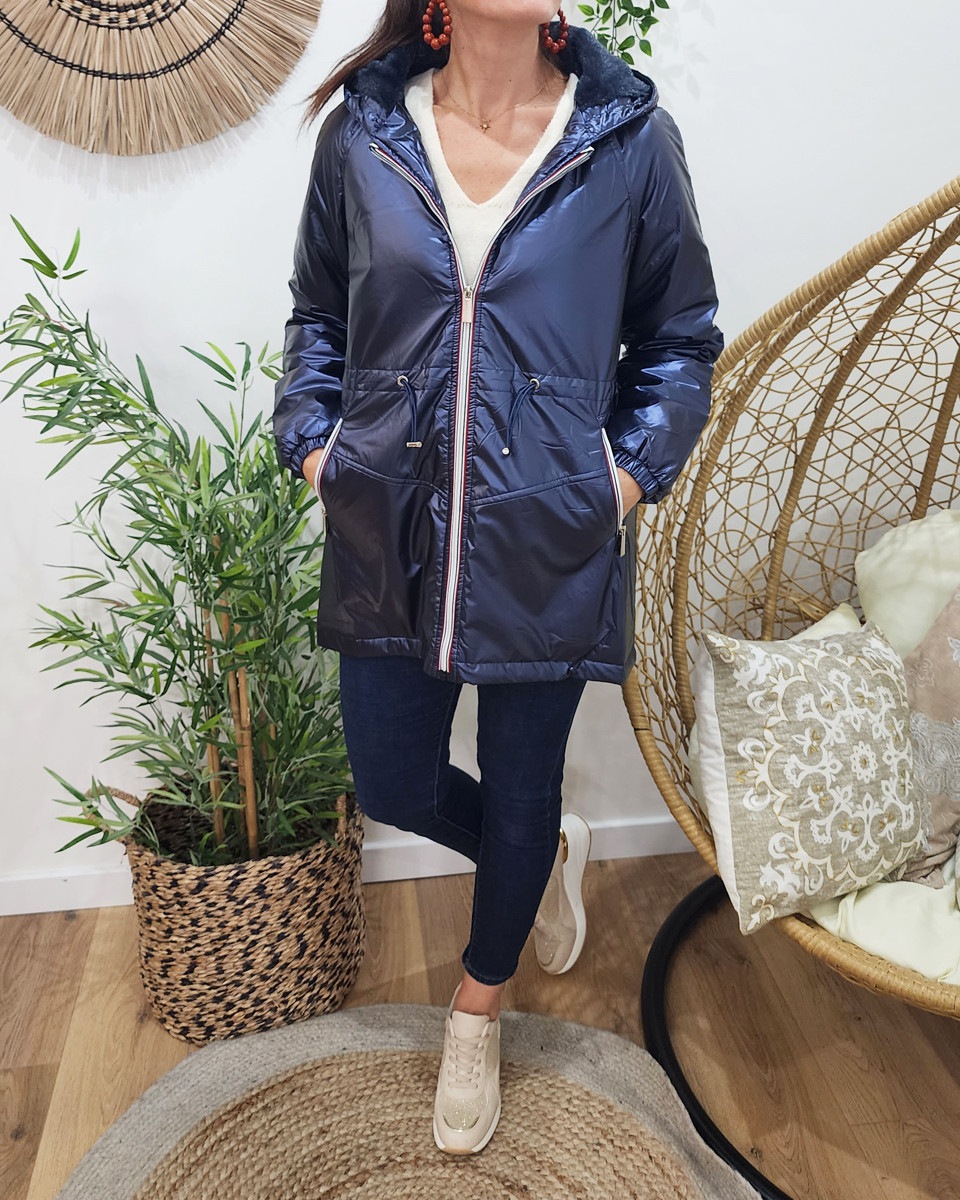 Parka femme bleu métallisé fourrée marine à capuche