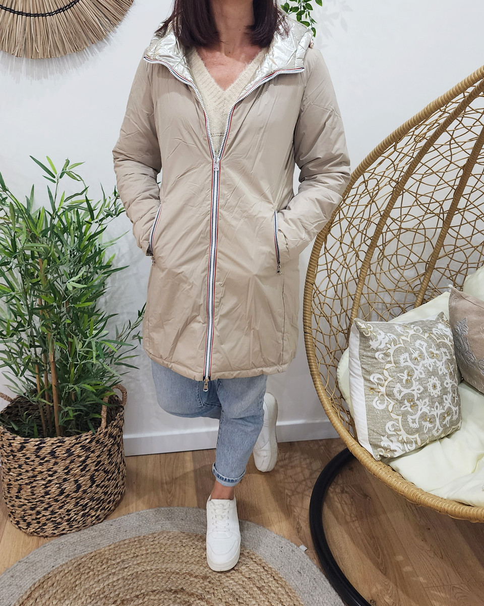 Parka doudoune femme longue épaisse réversible beige et dorée