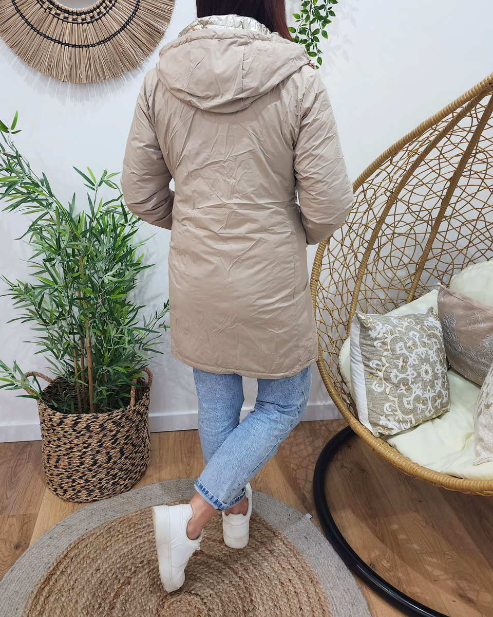 Parka doudoune femme longue épaisse réversible beige et dorée