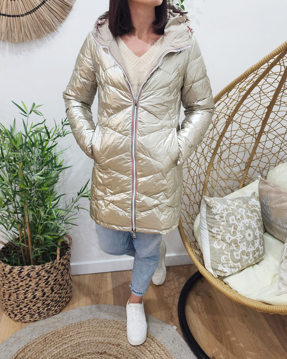 Parka doudoune femme longue épaisse réversible beige et dorée