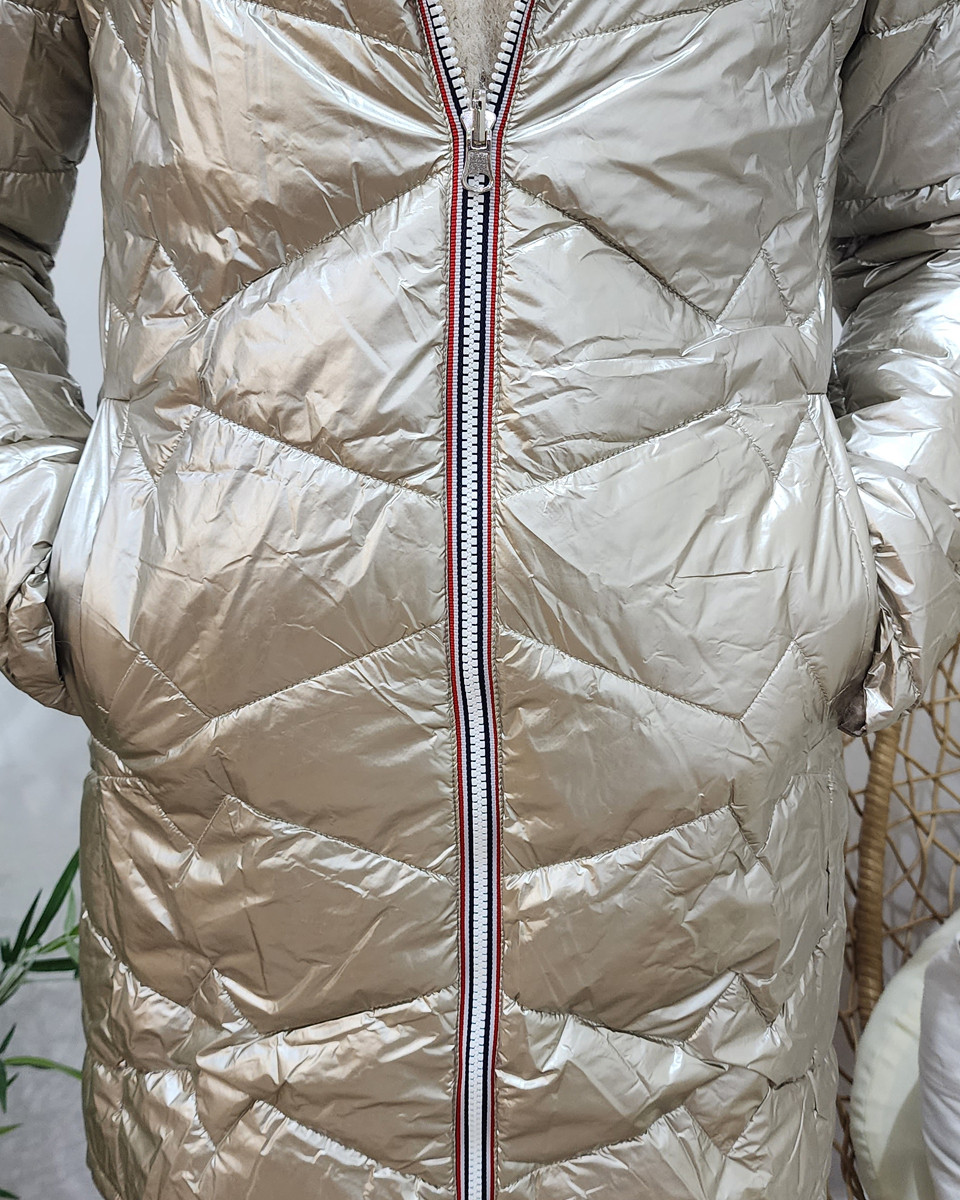 Parka doudoune femme longue épaisse réversible beige et dorée