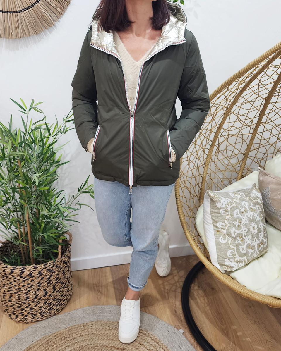 Parka doudoune femme courte épaisse réversible kaki et dorée