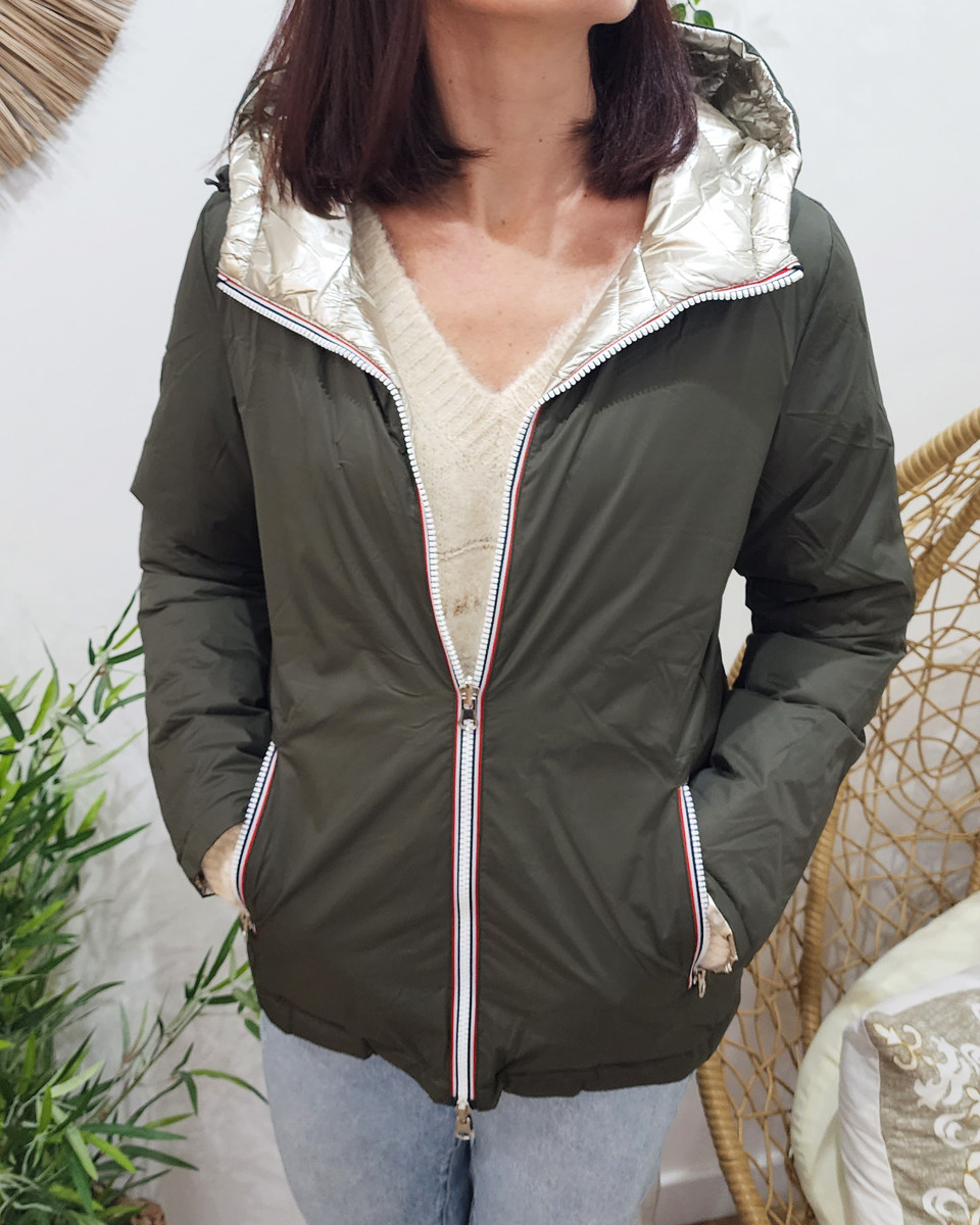 Parka doudoune femme courte épaisse réversible kaki et dorée