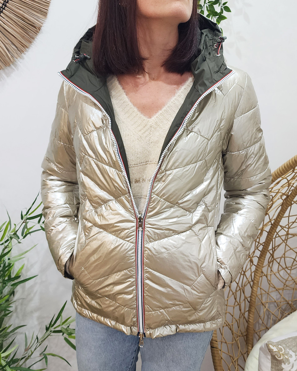 Parka doudoune femme courte épaisse réversible kaki et dorée