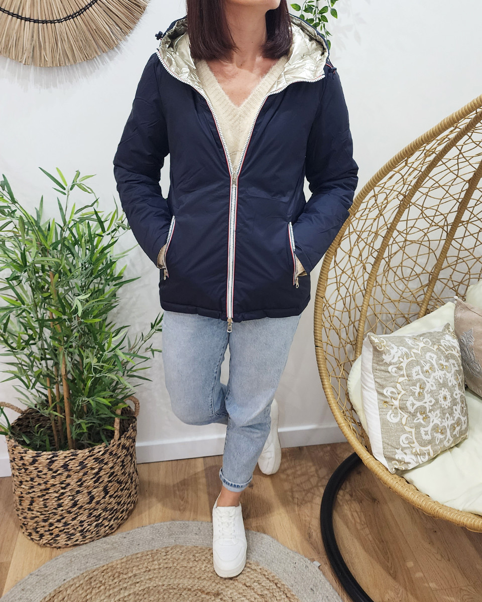 Parka doudoune femme courte épaisse réversible marine et dorée