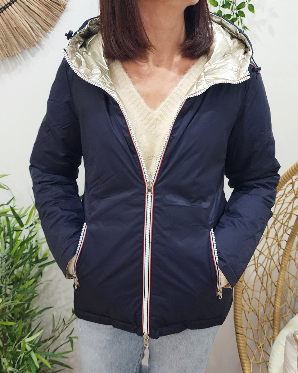 Parka doudoune femme courte épaisse réversible marine et dorée