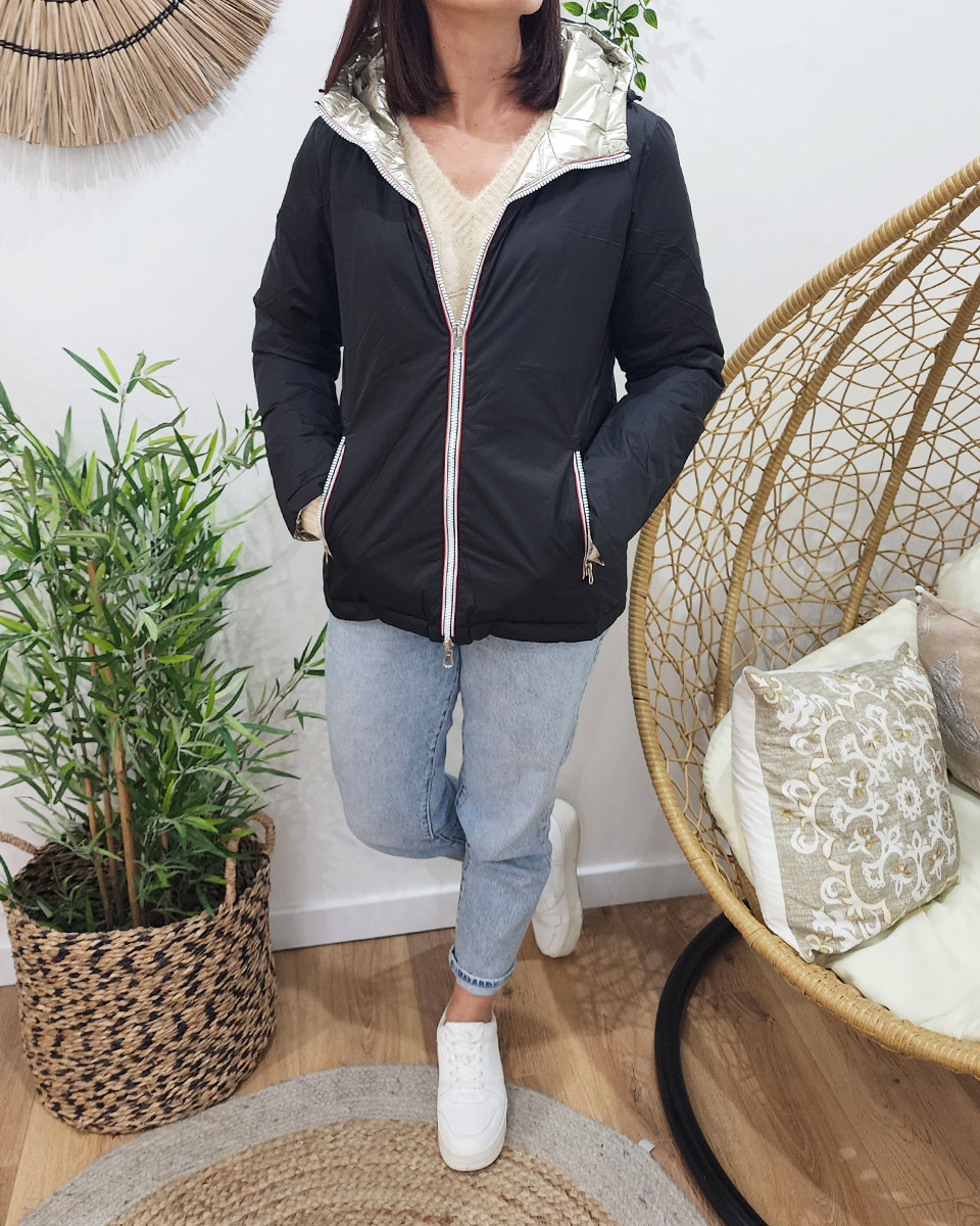 Parka doudoune femme courte épaisse réversible noire et dorée