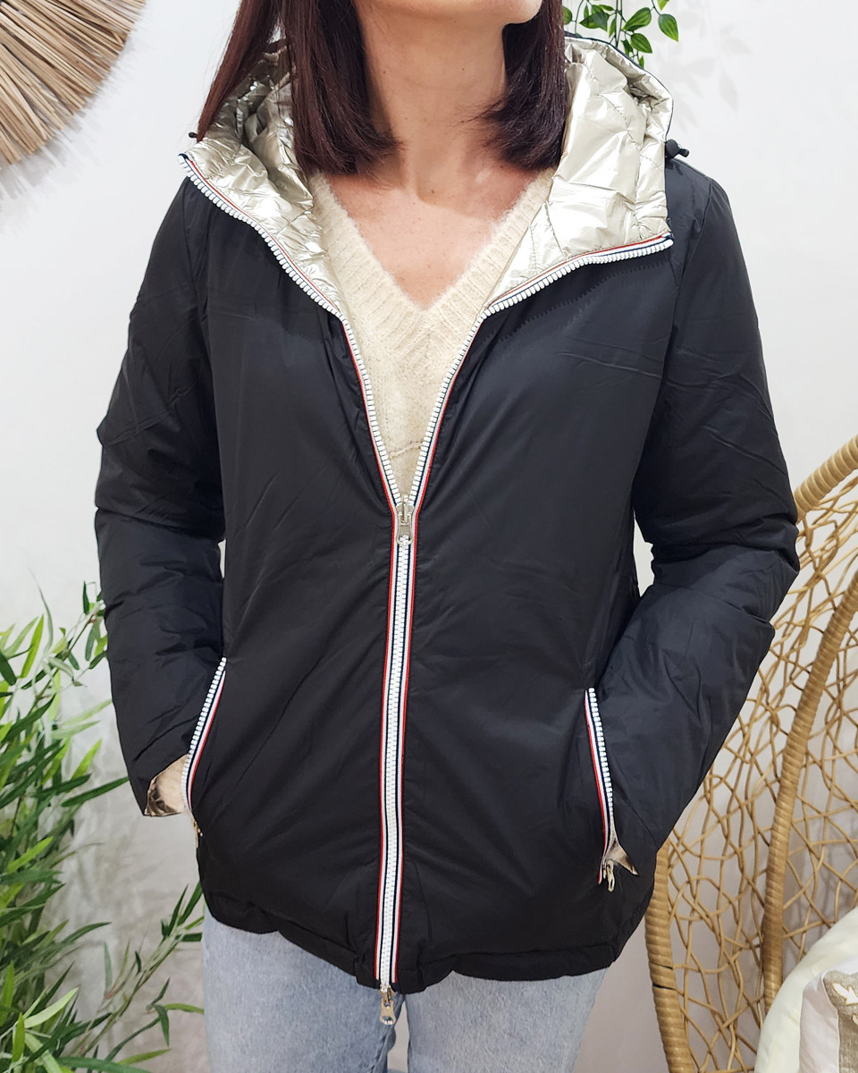 Parka doudoune femme courte épaisse réversible noire et dorée