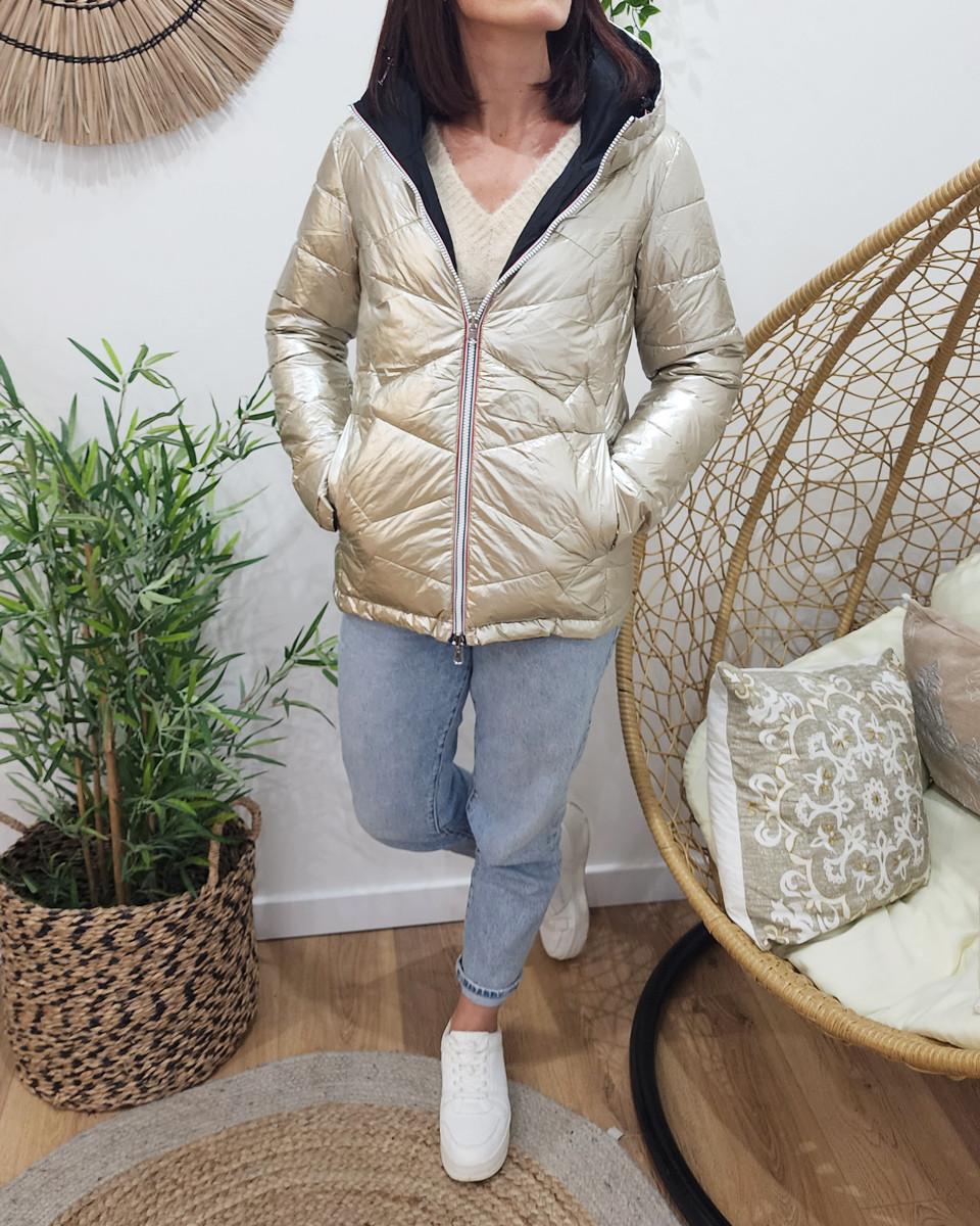 Parka doudoune femme courte épaisse réversible noire et dorée