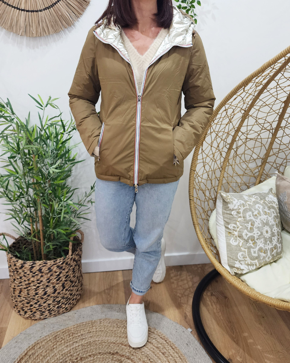 Parka doudoune femme courte épaisse réversible camel et dorée