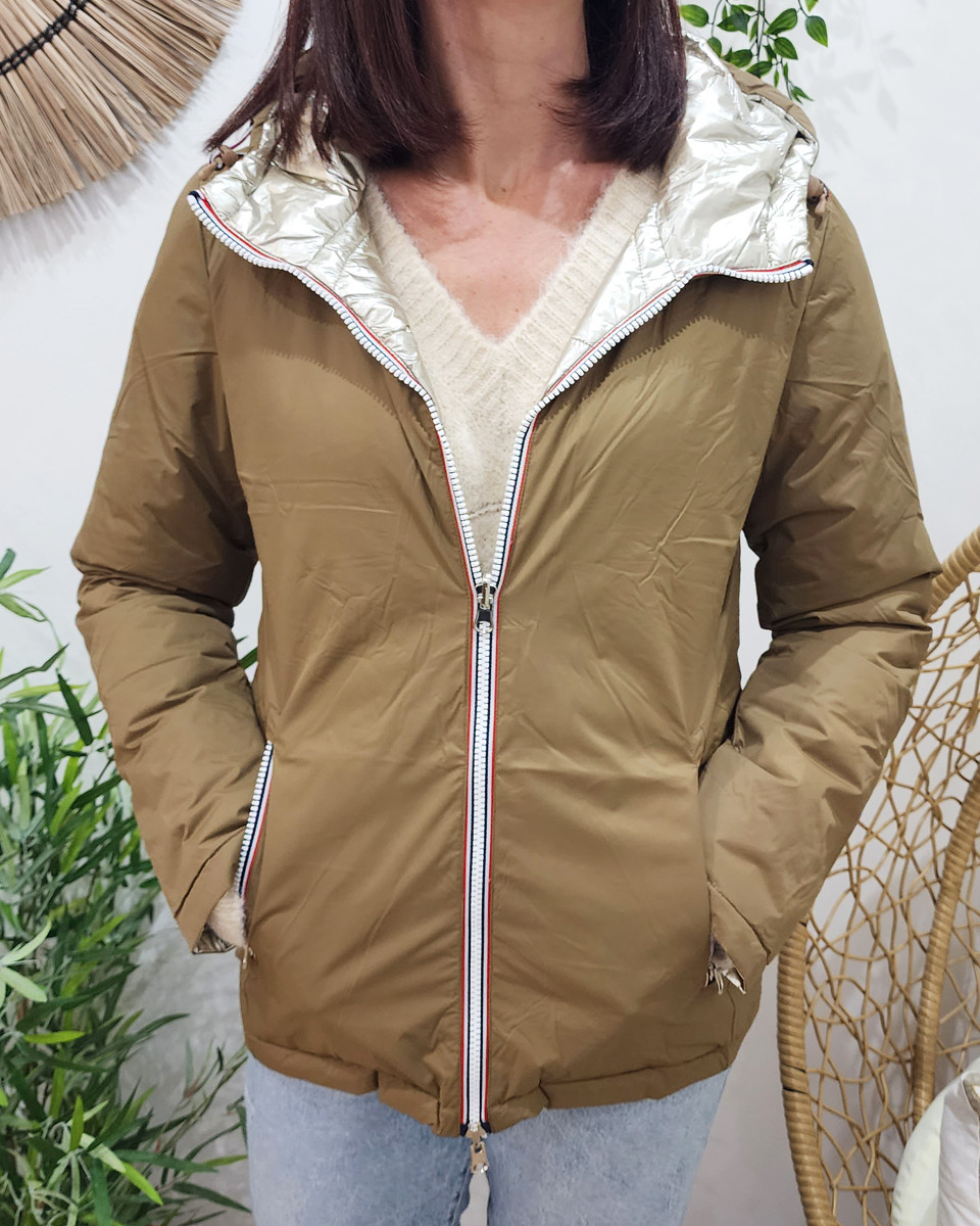 Parka doudoune femme courte épaisse réversible camel et dorée