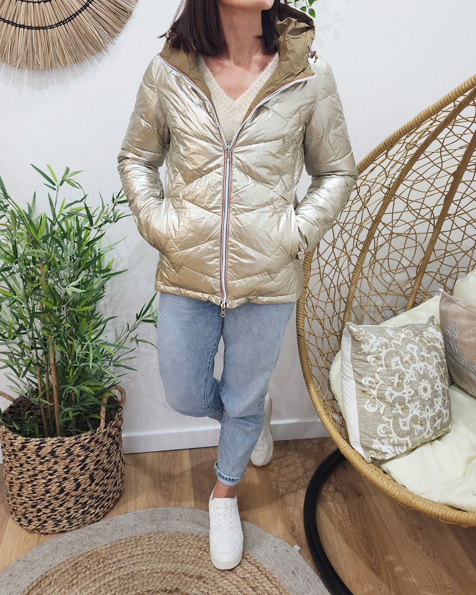 Parka doudoune femme courte épaisse réversible camel et dorée
