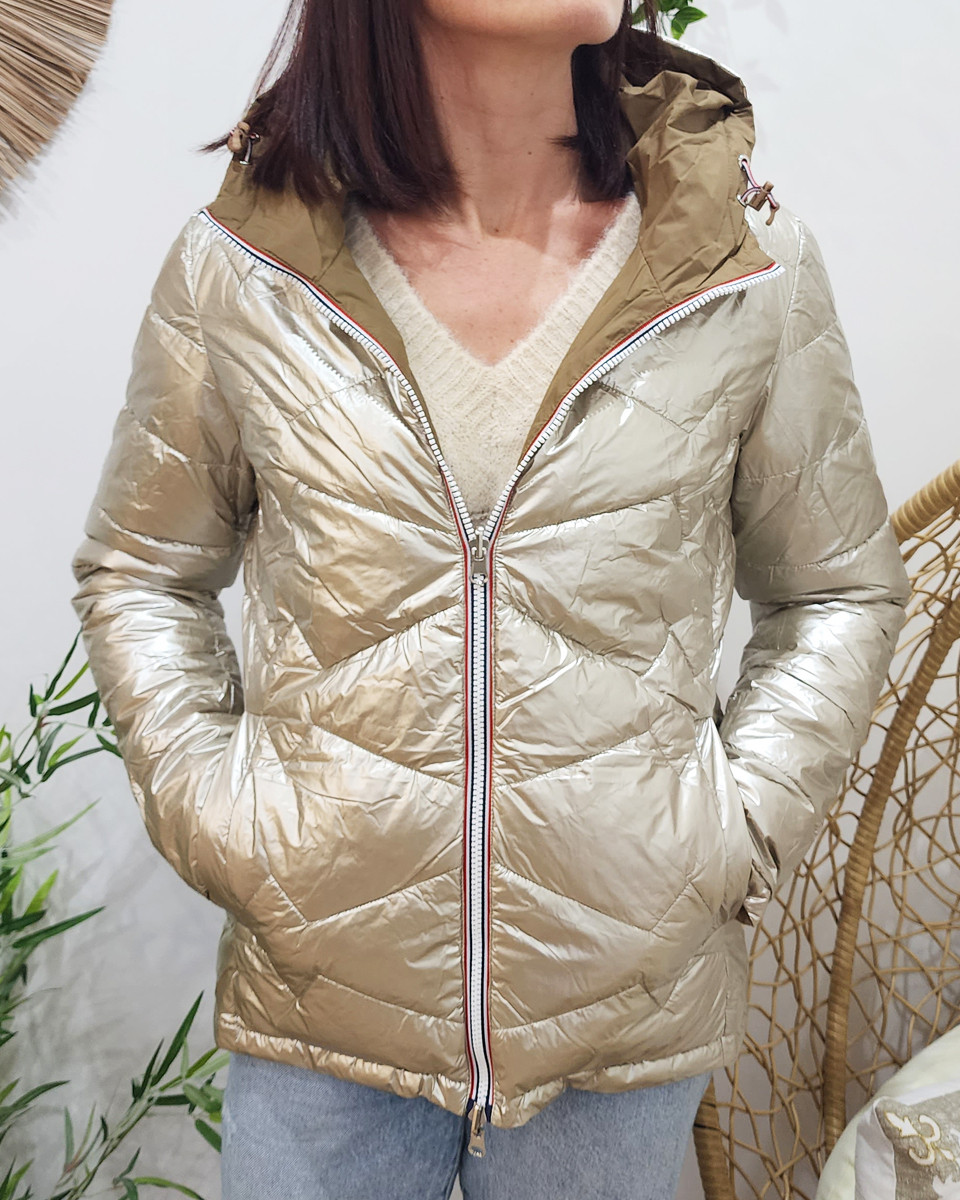 Parka doudoune femme courte épaisse réversible camel et dorée