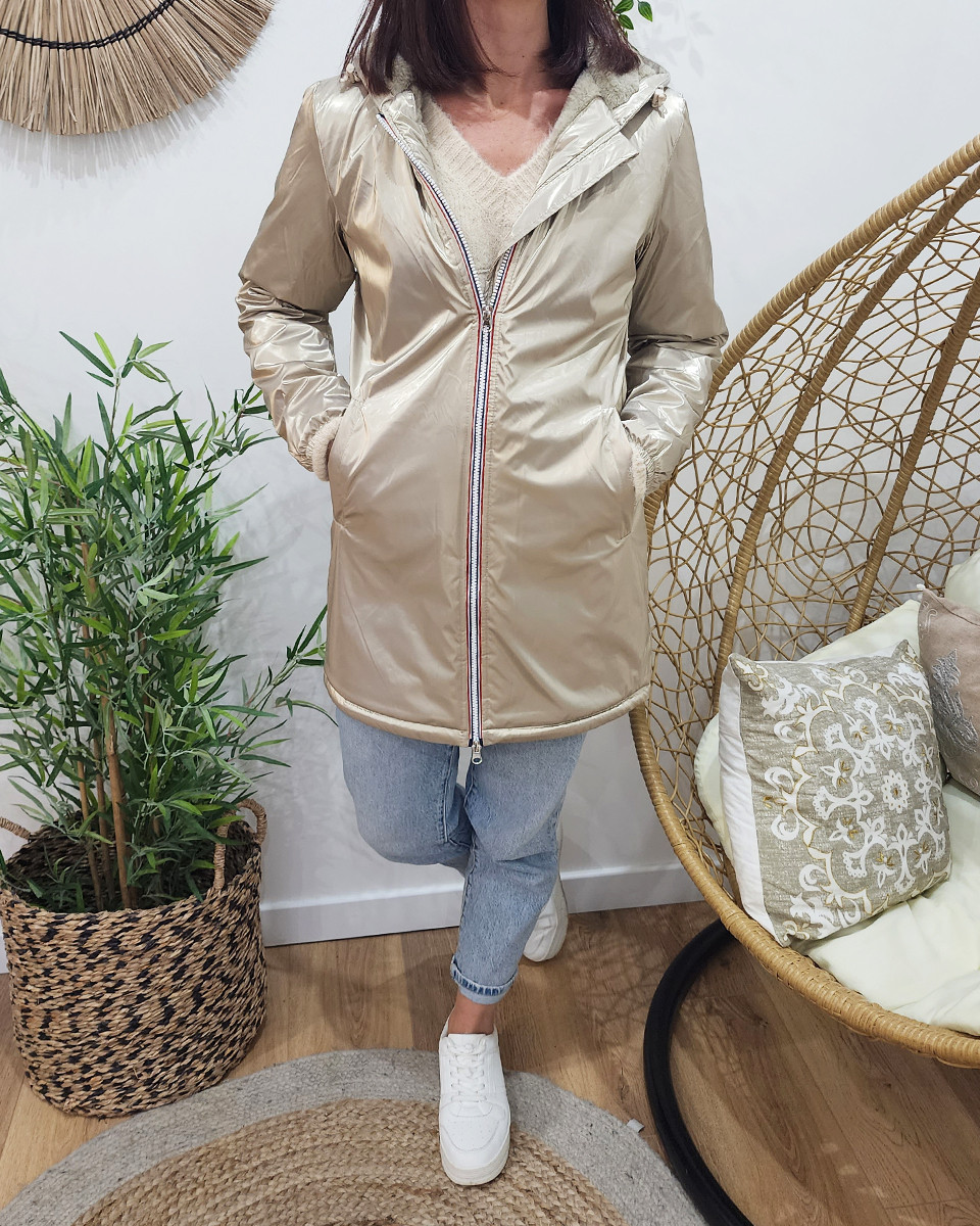 Parka femme dorée fourrée taupe à capuche Petra