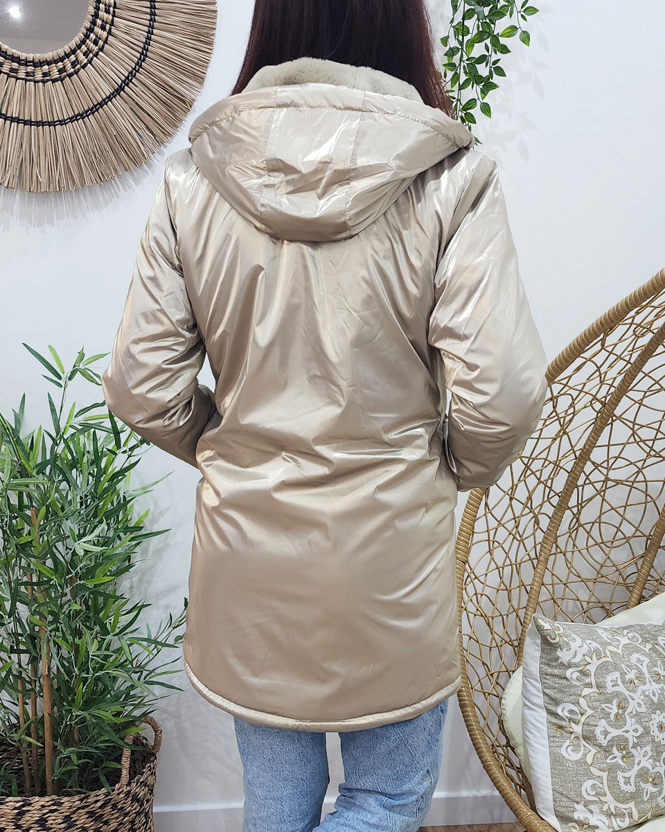 Parka femme dorée fourrée taupe à capuche Petra