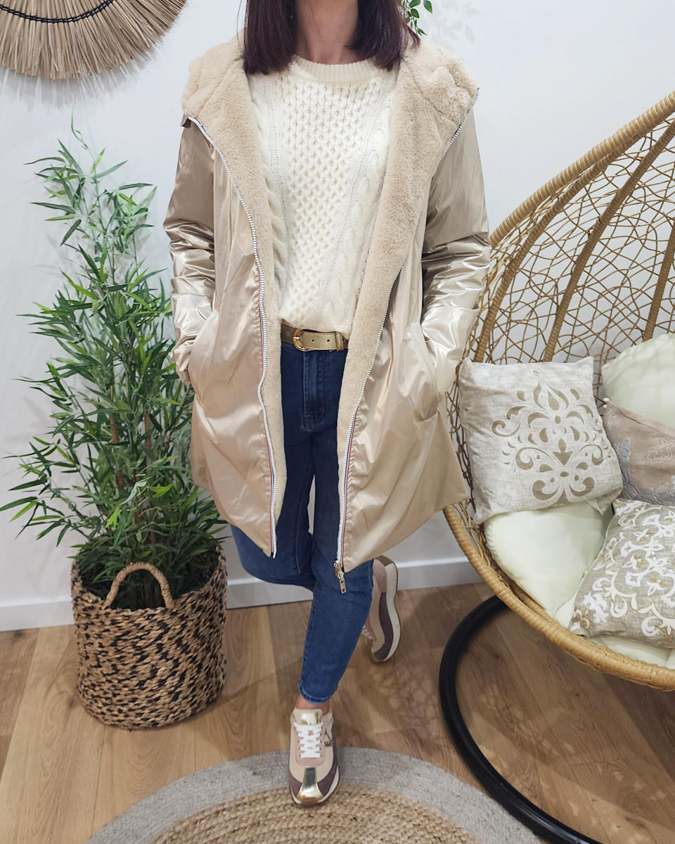 Parka femme dorée réversible fausse fourrure beige Armanda