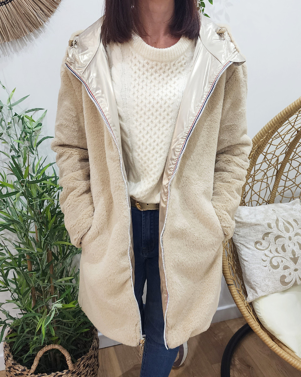 Parka femme dorée réversible fausse fourrure beige Armanda