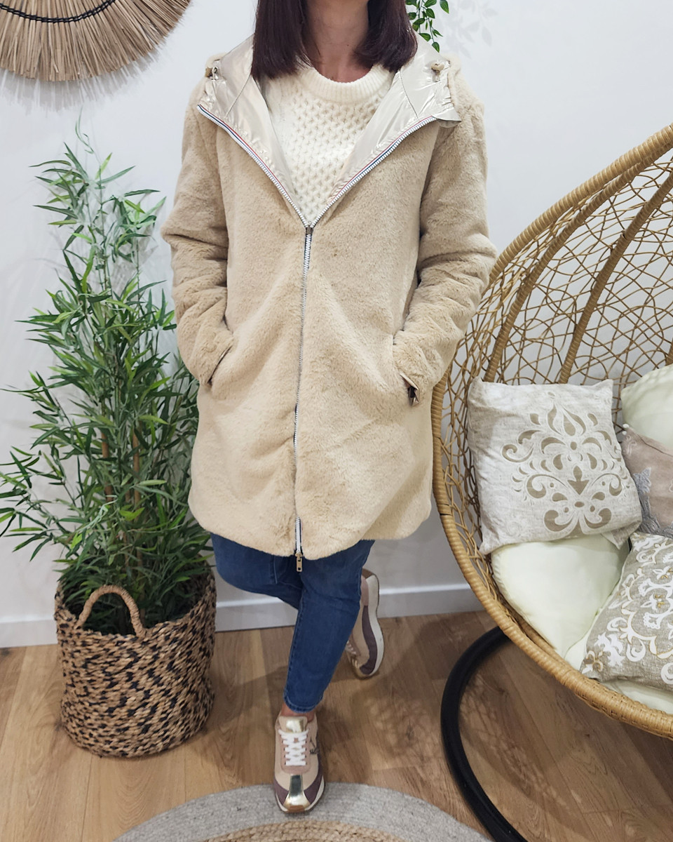 Parka femme dorée réversible fausse fourrure beige Armanda