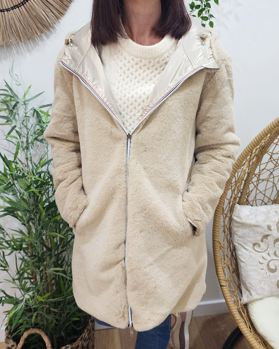 Parka femme dorée réversible fausse fourrure beige Armanda