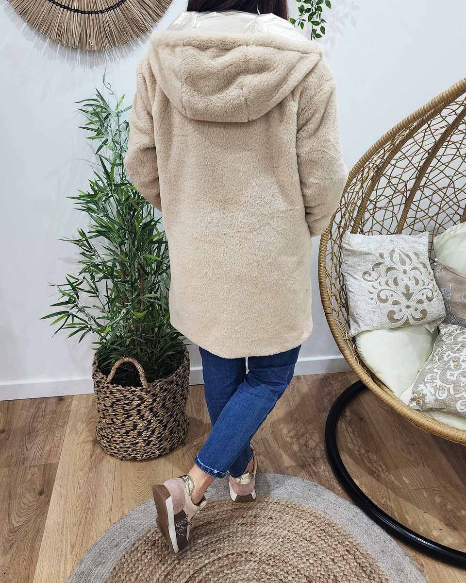 Parka femme dorée réversible fausse fourrure beige Armanda