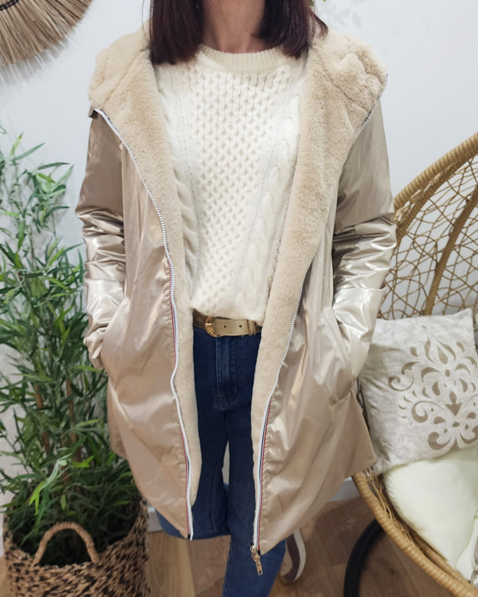 Parka femme dorée réversible fausse fourrure beige Armanda