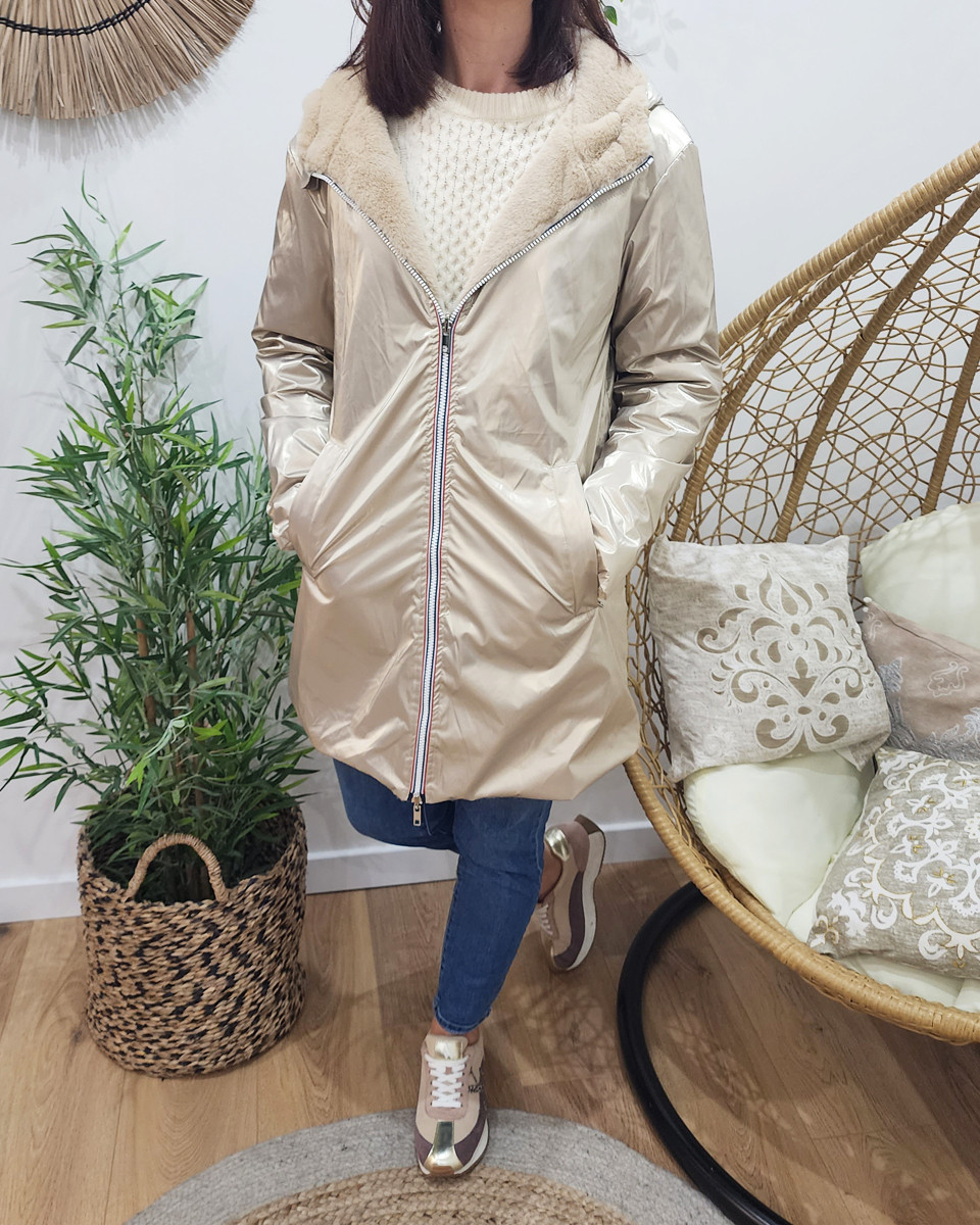 Parka femme dorée réversible fausse fourrure beige Armanda