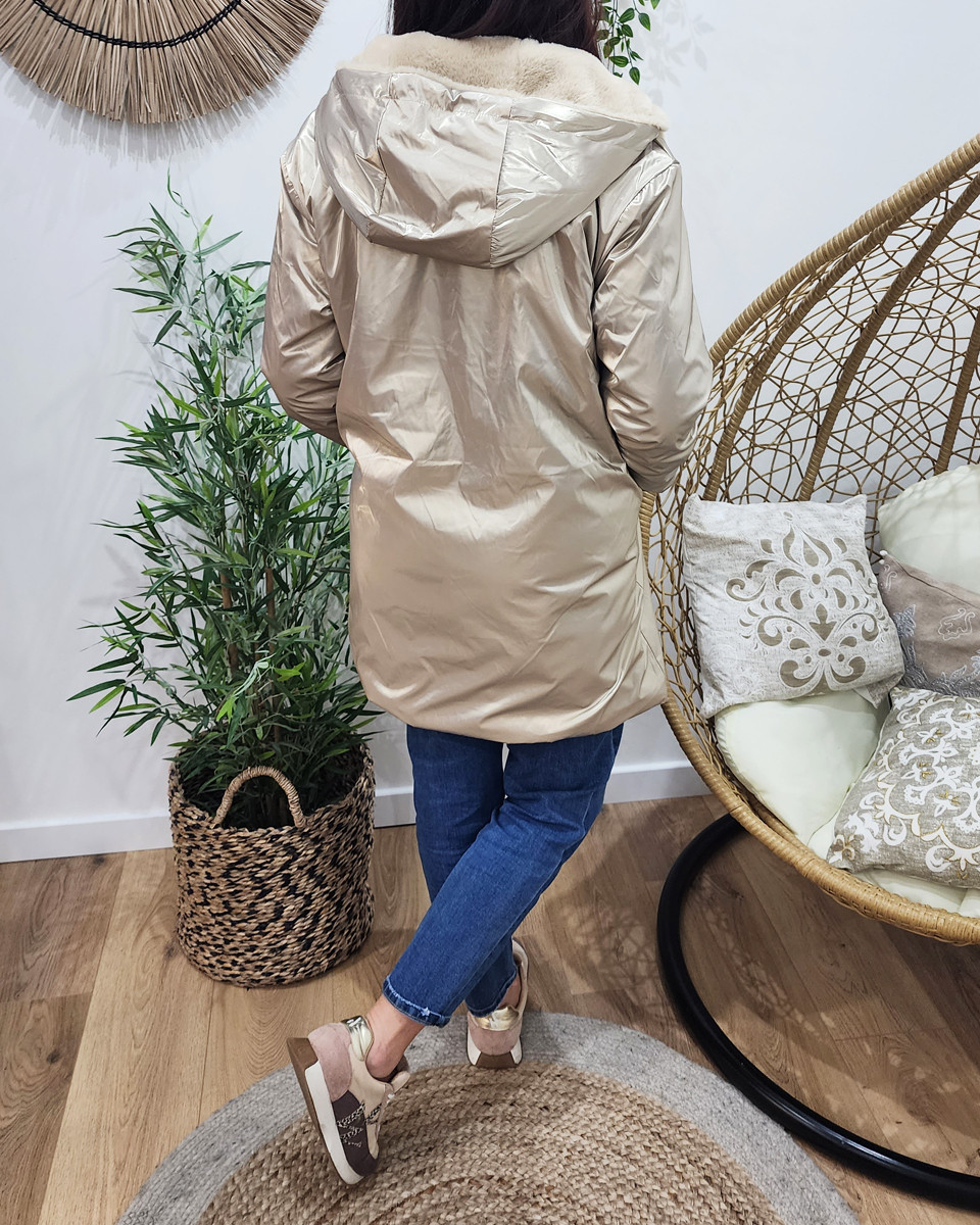 Parka femme dorée réversible fausse fourrure beige Armanda