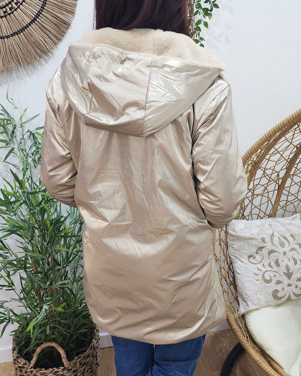 Parka femme dorée réversible fausse fourrure beige Armanda