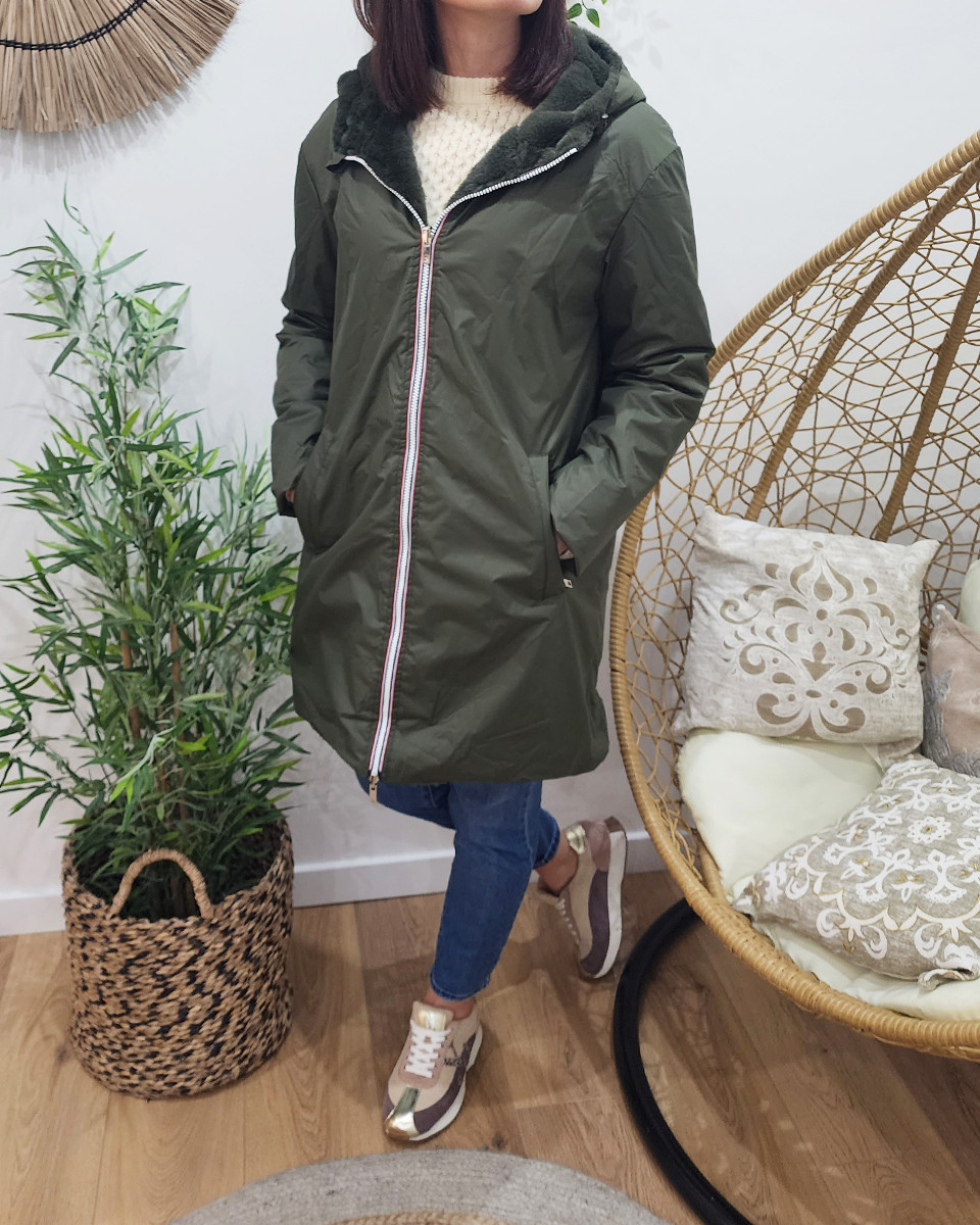 Parka femme kaki réversible fausse fourrure Armanda