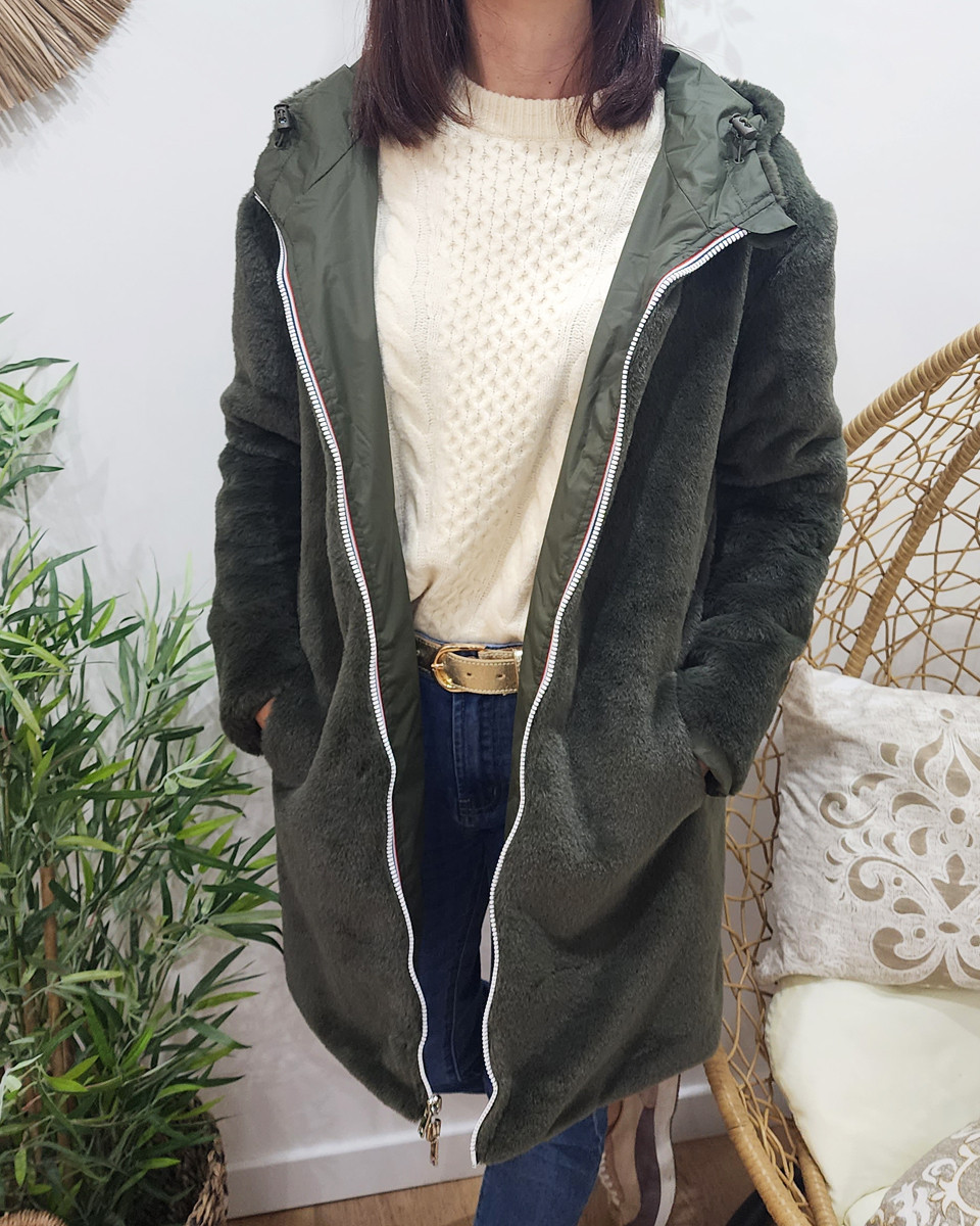 Parka femme kaki réversible fausse fourrure Armanda
