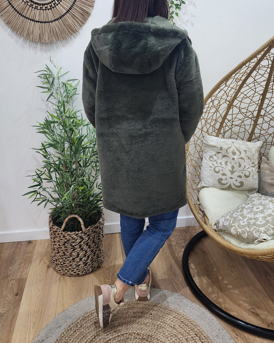 Parka femme kaki réversible fausse fourrure Armanda