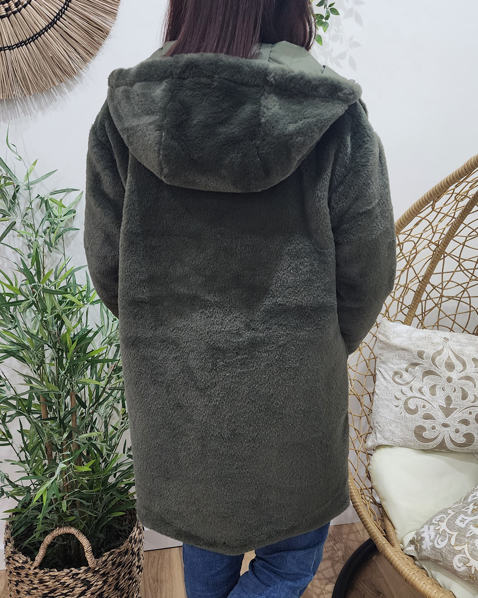 Parka femme kaki réversible fausse fourrure Armanda