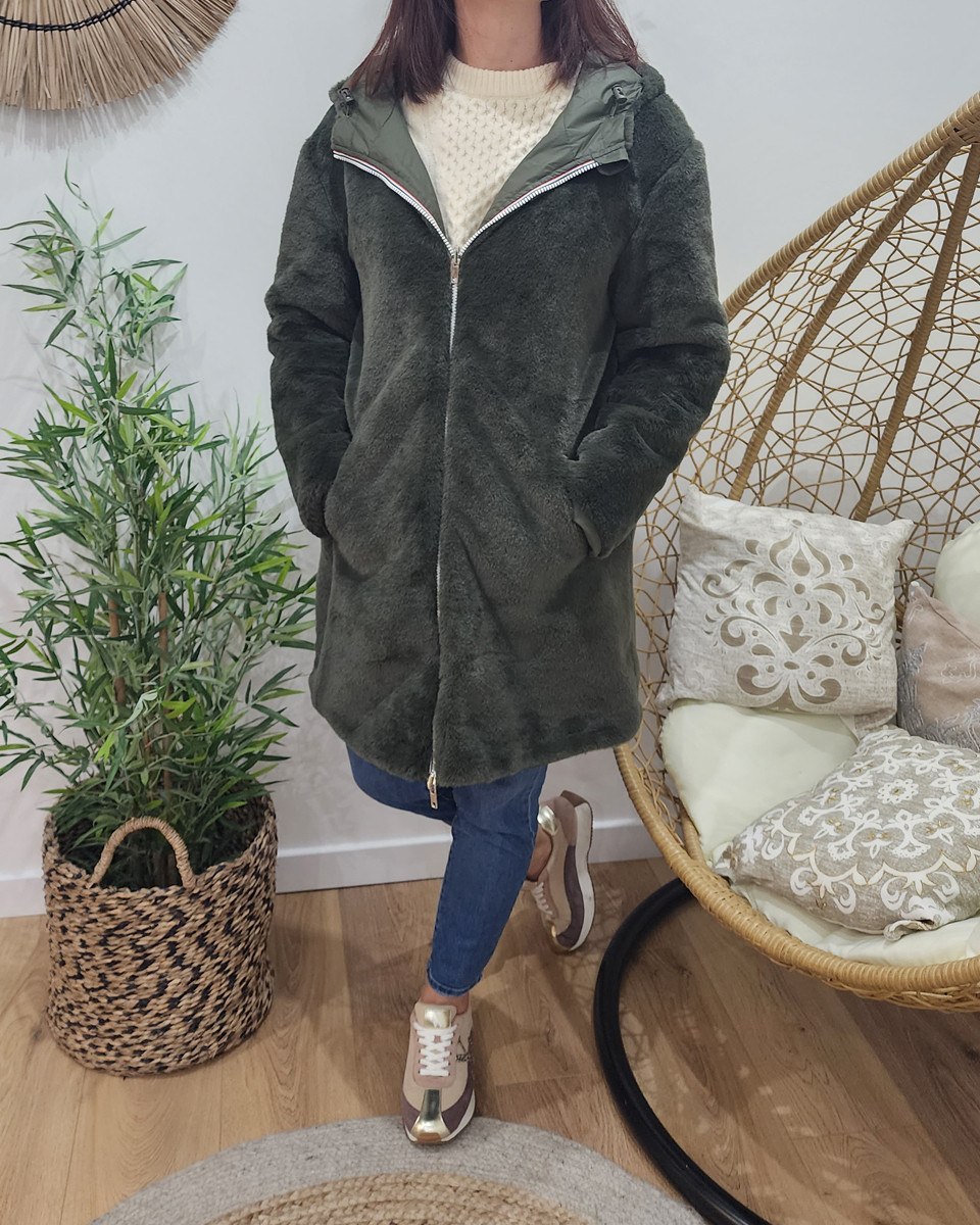 Parka femme kaki réversible fausse fourrure Armanda