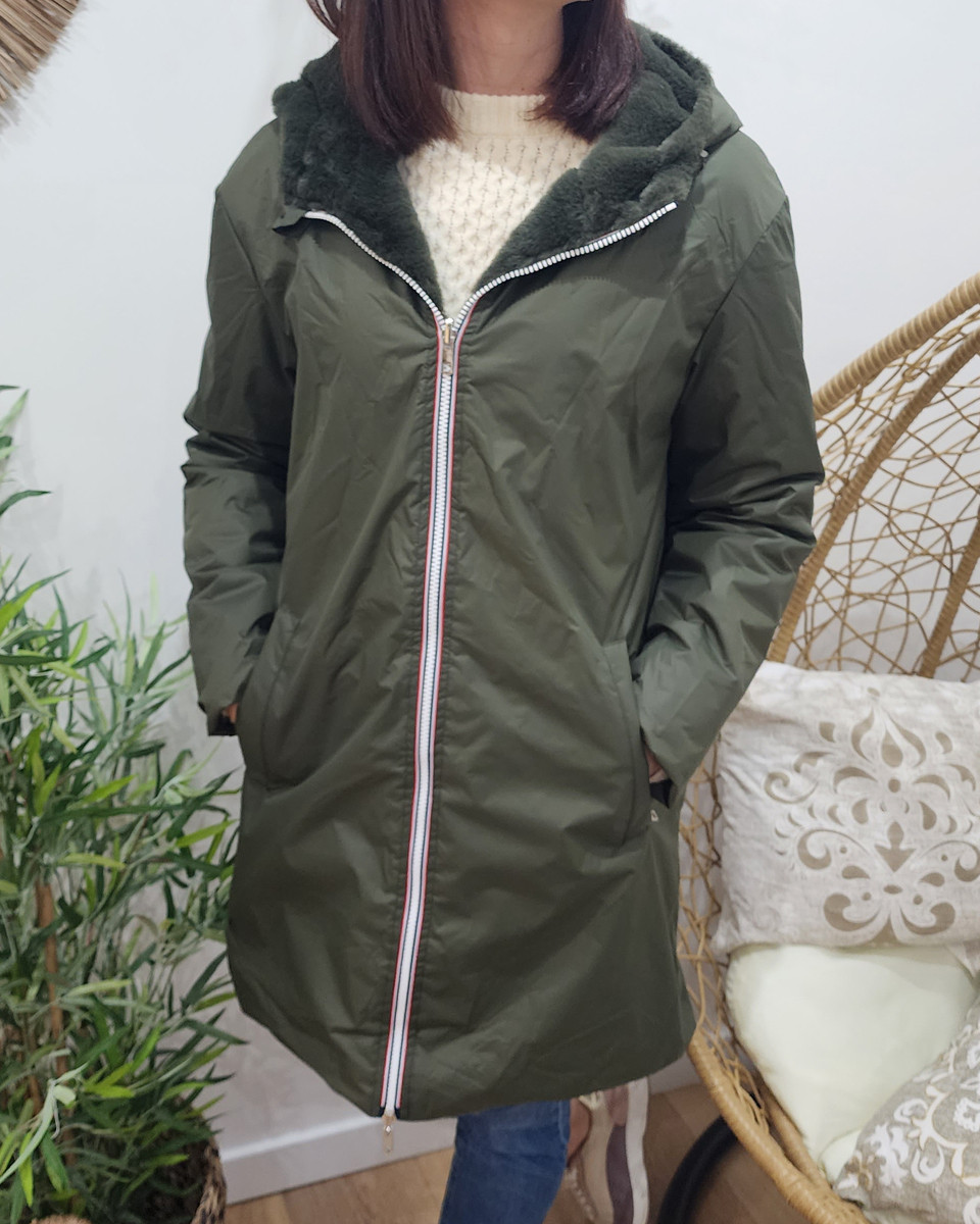 Parka femme kaki réversible fausse fourrure Armanda