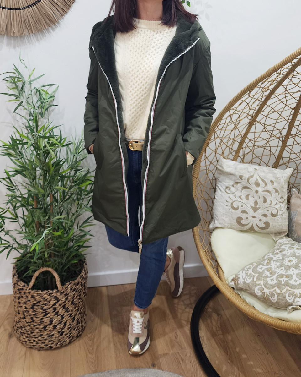 Parka femme kaki réversible fausse fourrure Armanda
