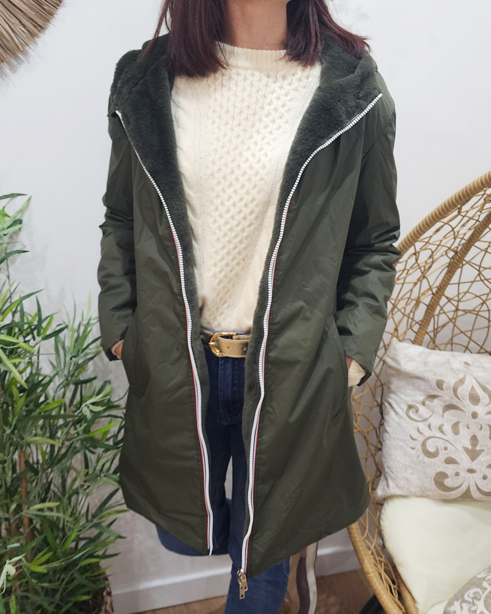 Parka femme kaki réversible fausse fourrure Armanda