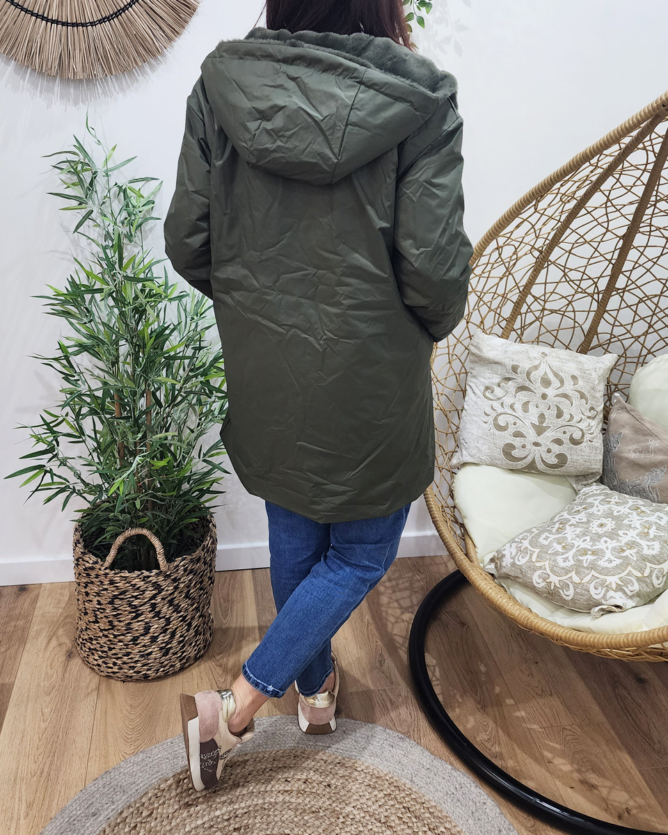 Parka femme kaki réversible fausse fourrure Armanda
