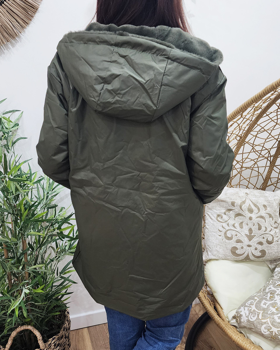 Parka femme kaki réversible fausse fourrure Armanda