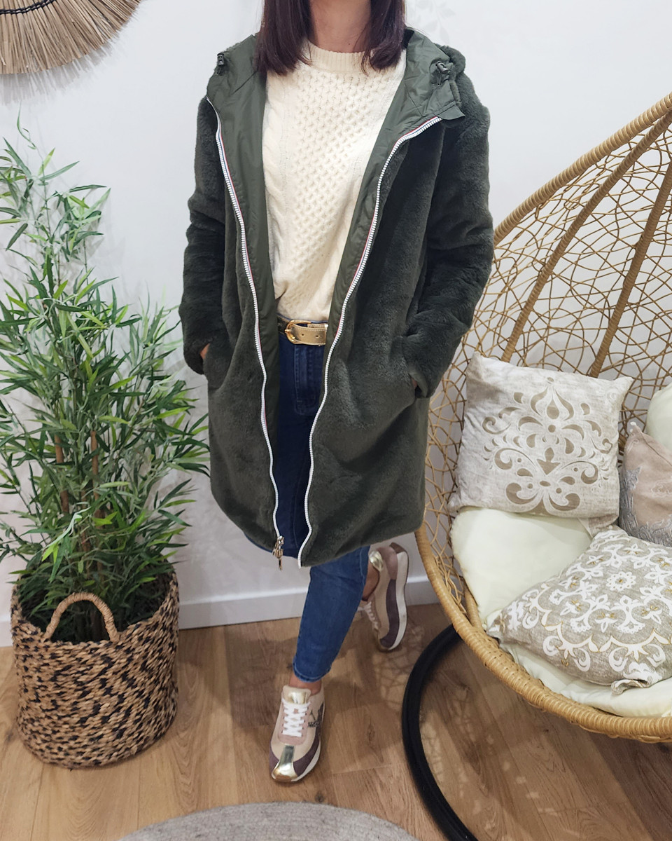 Parka femme kaki réversible fausse fourrure Armanda