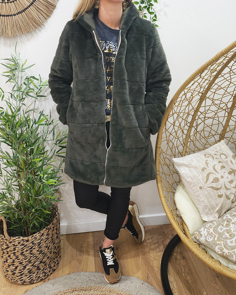 Parka femme longue réversible kaki fausse fourrure kaki