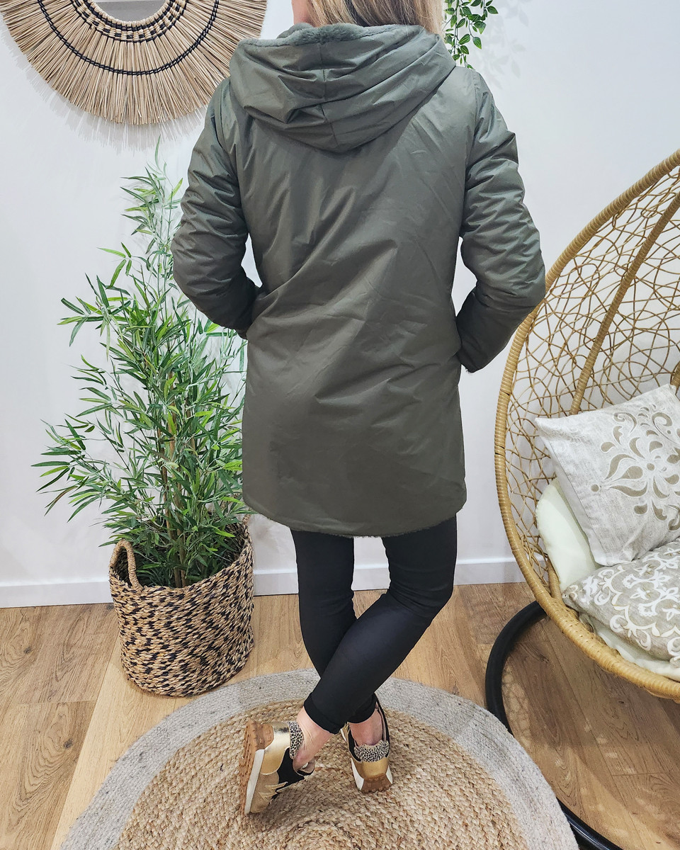 Parka femme longue réversible kaki fausse fourrure kaki