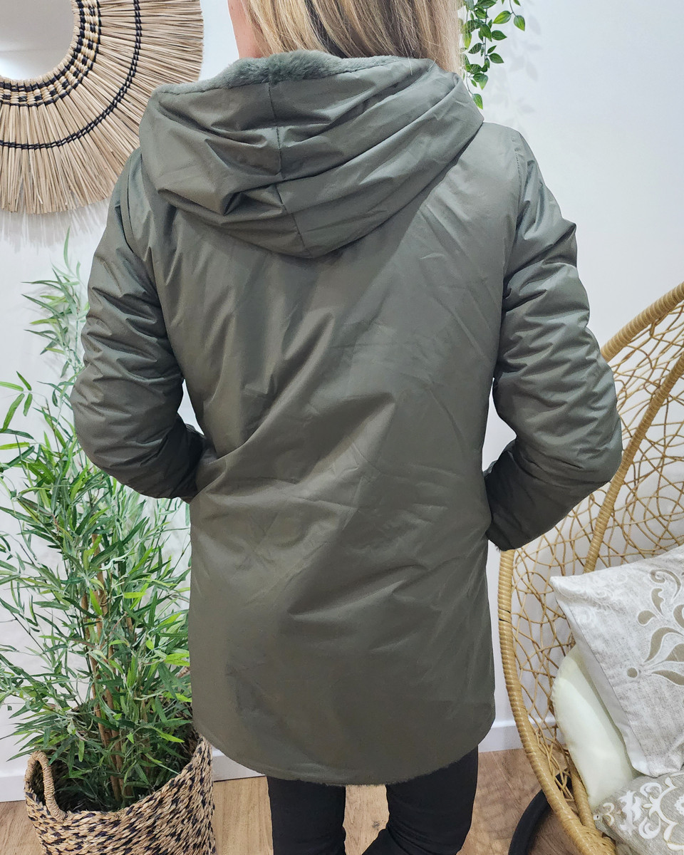 Parka femme longue réversible kaki fausse fourrure kaki