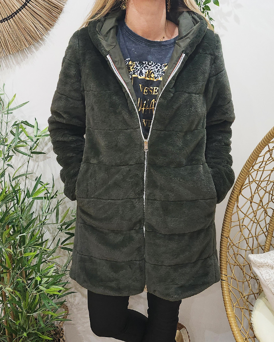 Parka femme longue réversible kaki fausse fourrure kaki