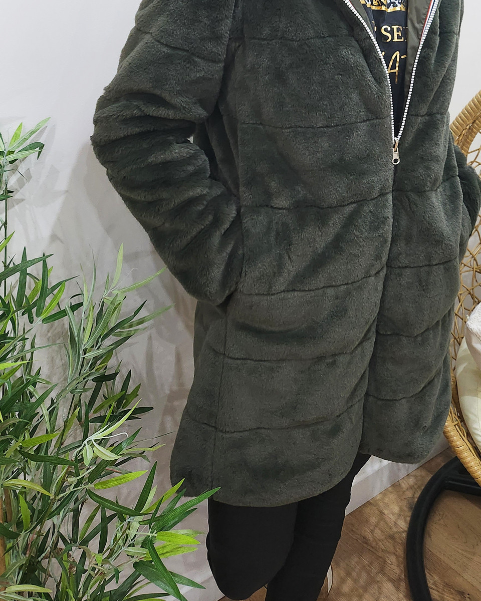 Parka femme longue réversible kaki fausse fourrure kaki
