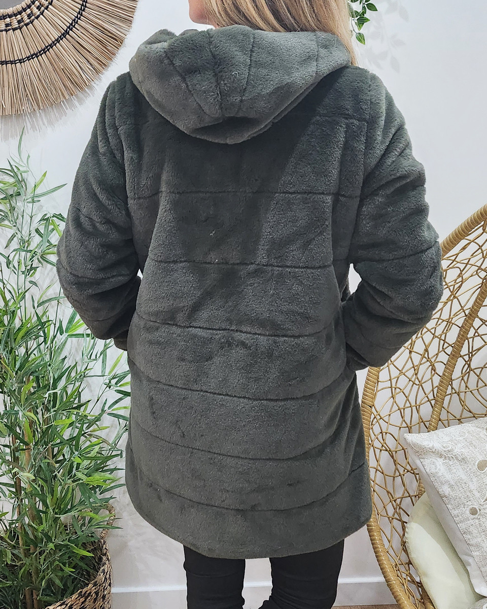 Parka femme longue réversible kaki fausse fourrure kaki