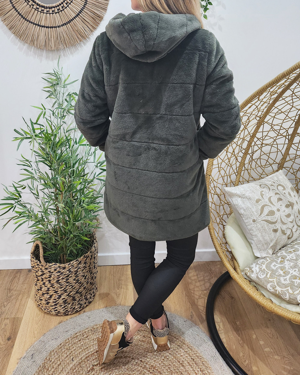Parka femme longue réversible kaki fausse fourrure kaki