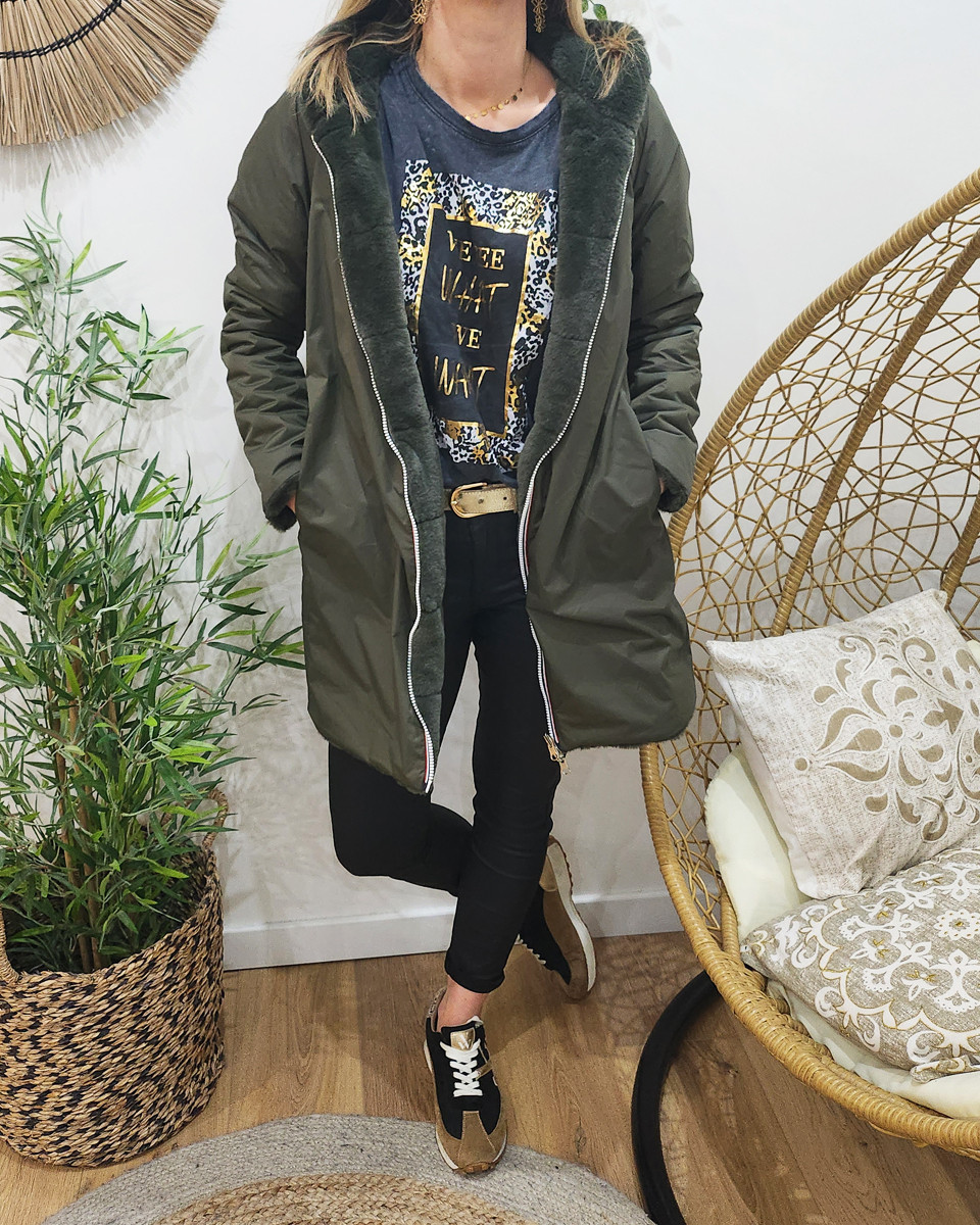 Parka femme longue réversible kaki fausse fourrure kaki